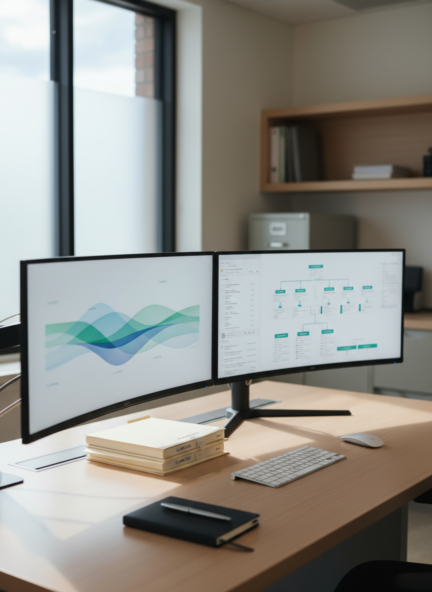 A sleek, modern workstation in a behavioral health clinic’s back office, featuring dual ultra-wide monitors displaying abstract, de-identified financial dashboards and claim status flows in cool blues and greens. A polished light-wood desk holds neatly stacked folders, a wireless keyboard, and a closed notebook with a chrome pen aligned perfectly. Soft daylight filters through a large window with frosted glass, casting gentle, organized shadows across the surface. Shot at eye level with a shallow depth of field, the monitors are in crisp focus while the background blurs into subtle shelving and filing cabinets. The mood is calm, precise, and professional, conveying confidence in revenue cycle management and clean, streamlined operations in a photographic realism style.